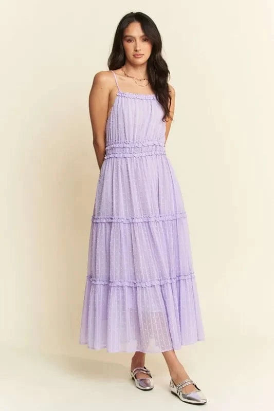 Davi & Dani Texture Swiss Dot Ruffle Square Neck Midi Dress - Trendsi