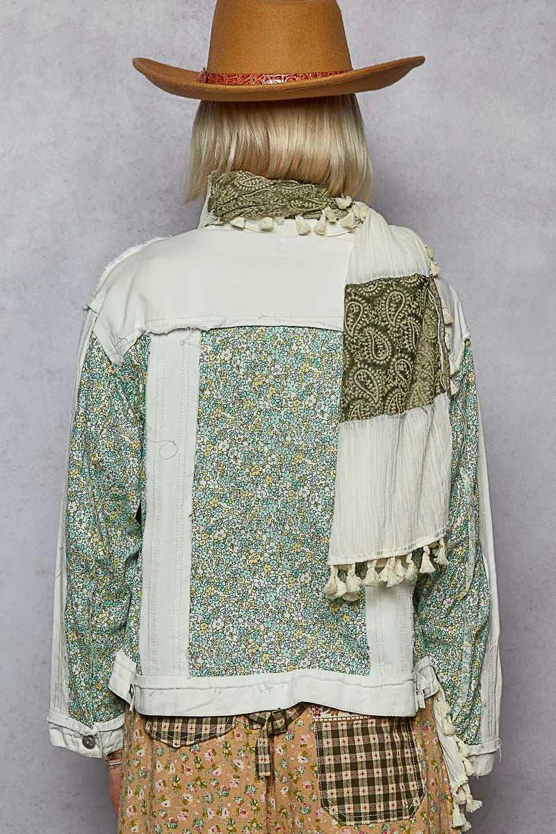 POL Button Down Patchwork Denim Jacket with Floral Print Details - Trendsi - Flyclothing LLC