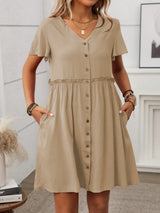 Button Front Flutter Sleeve Dress - Trendsi - Flyclothing LLC
