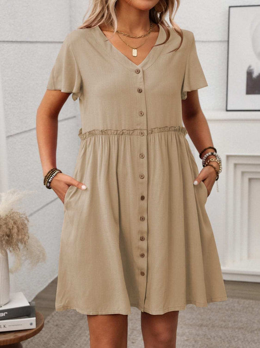 Button Front Flutter Sleeve Dress - Trendsi - Flyclothing LLC