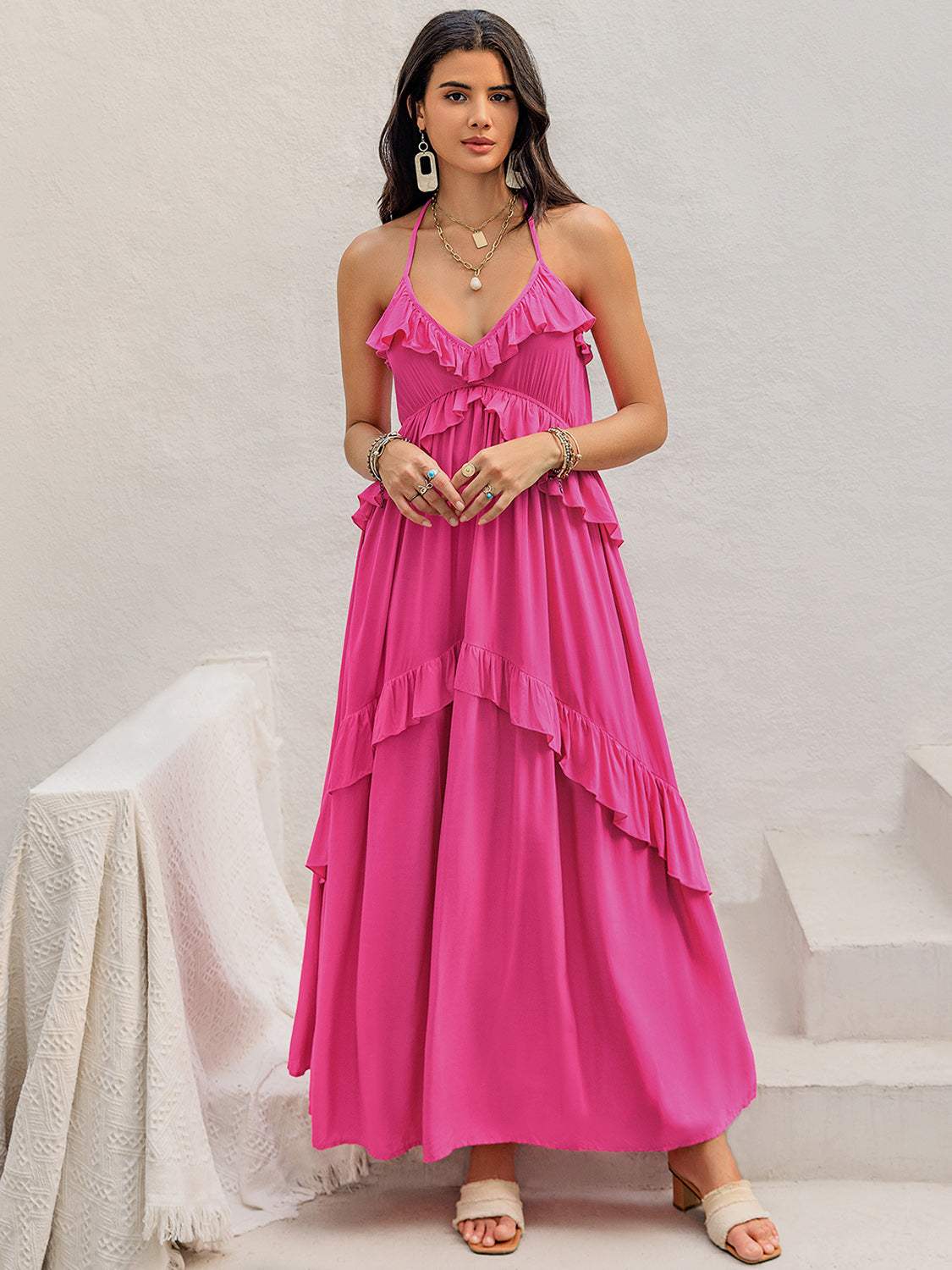 Ruffled Halter Neck Sleeveless Maxi Dress - Trendsi - Flyclothing LLC