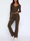 V-Neck Long Sleeve Top and Pants Set - Trendsi - Flyclothing LLC