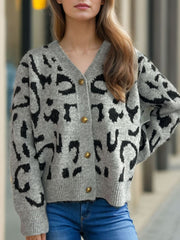 Leopard V-Neck Button Up Cardigan - Trendsi