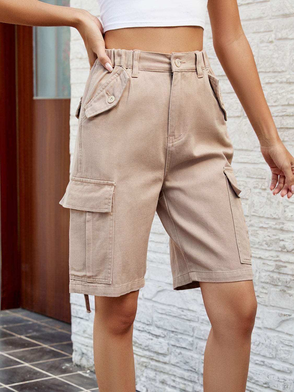 High Waist Denim Shorts with Pockets - Trendsi - Flyclothing LLC