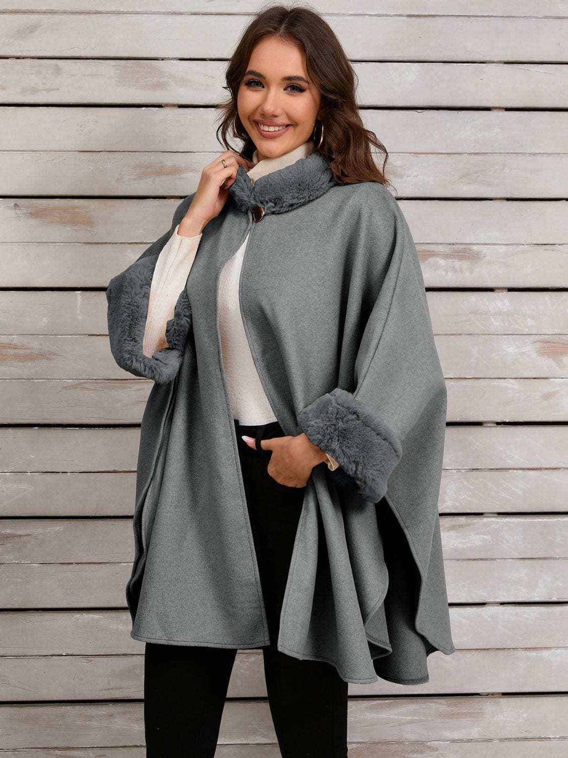 Fuzzy Trim Long Sleeve Poncho - Trendsi