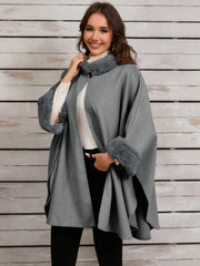 Fuzzy Trim Long Sleeve Poncho - Trendsi