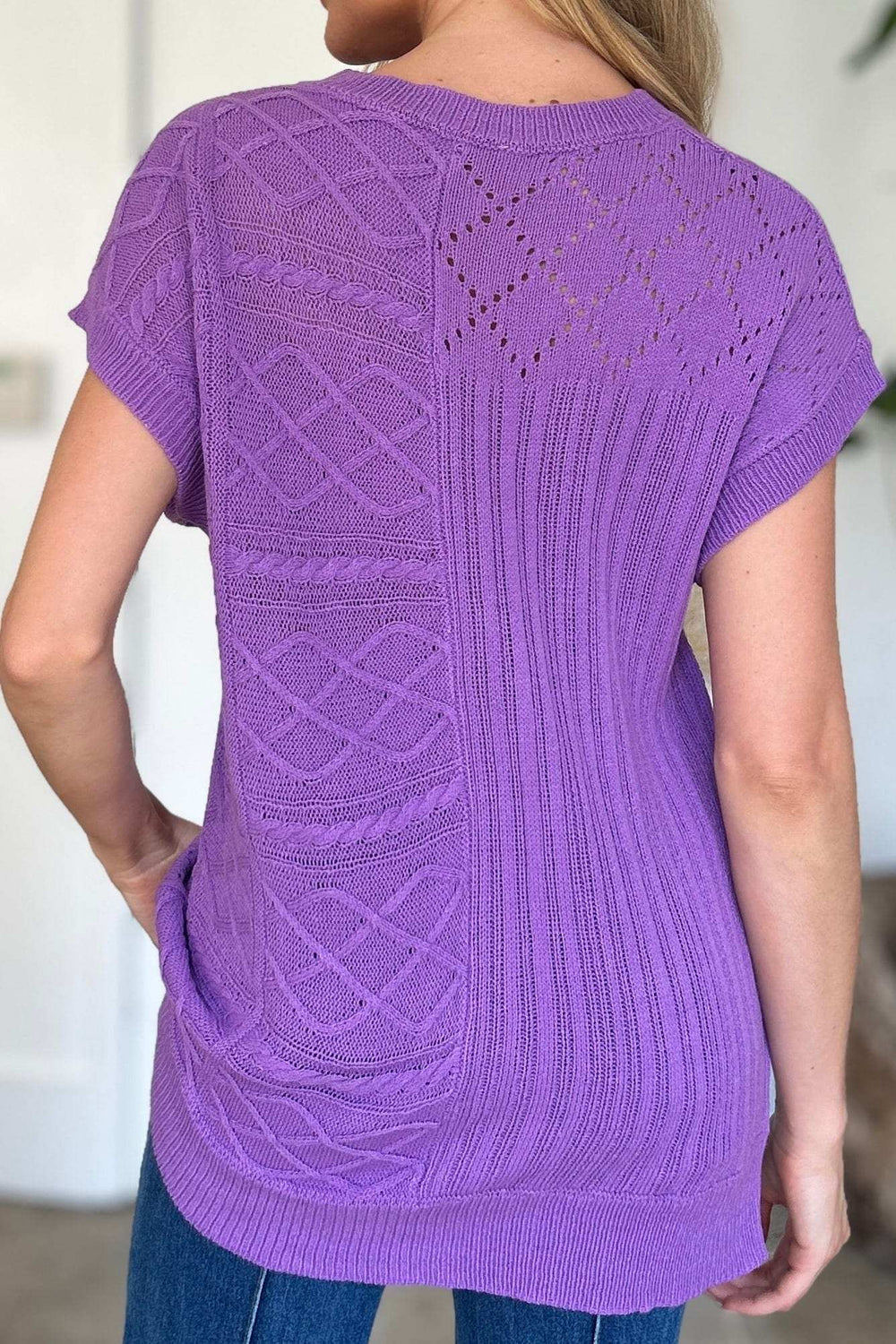 Double Take Full Size Cable-Knit Round Neck Cap Sleeve Sweater - Trendsi - Flyclothing LLC