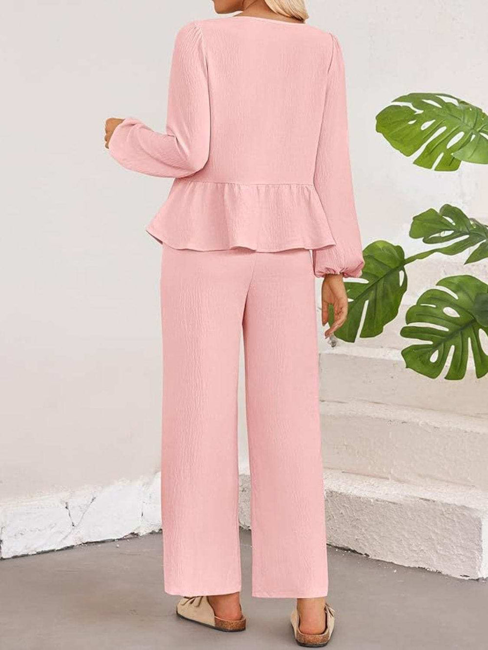 Tie Neck Balloon Sleeve Top and Pants Set - Trendsi - Flyclothing LLC