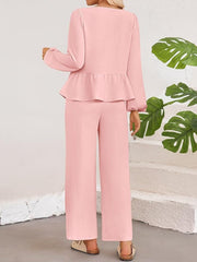 Tie Neck Balloon Sleeve Top and Pants Set - Trendsi