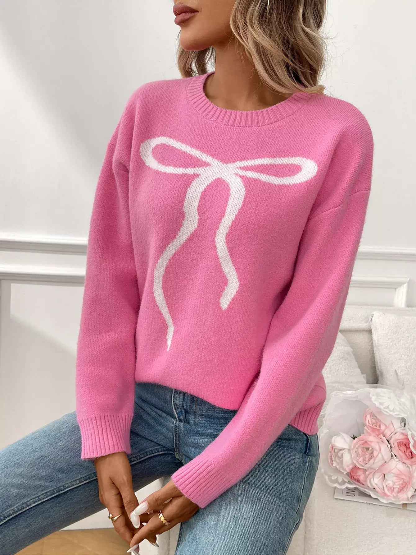 Bow Round Neck Long Sleeve Sweater - Trendsi - Flyclothing LLC