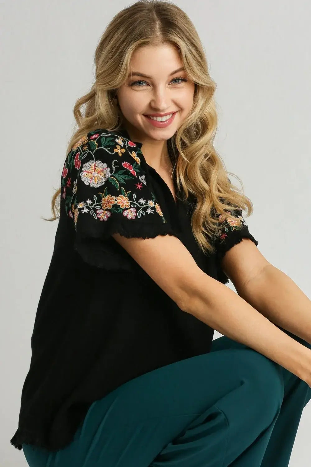 Umgee Full Size Linen Shirt with Embroidered Sleeves Plus Size - Trendsi - Flyclothing LLC