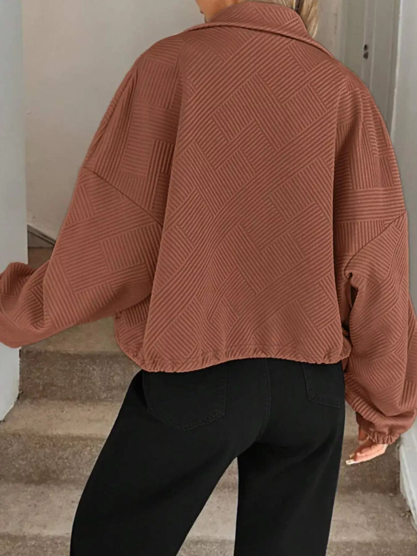 Textured Zip-Up Drawstring Hem Jacket - Trendsi - Flyclothing LLC