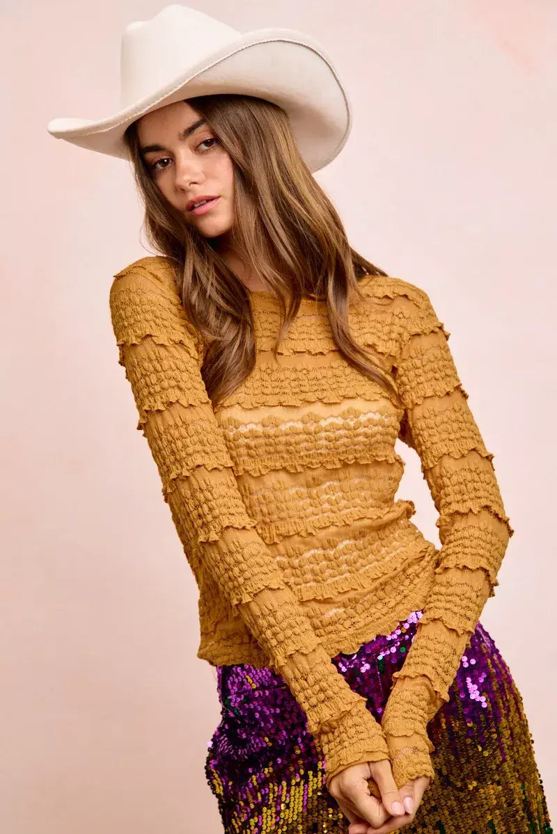 BiBi Ruffles Detail Mardi Gras Color Flower Lace Top - Trendsi - Flyclothing LLC