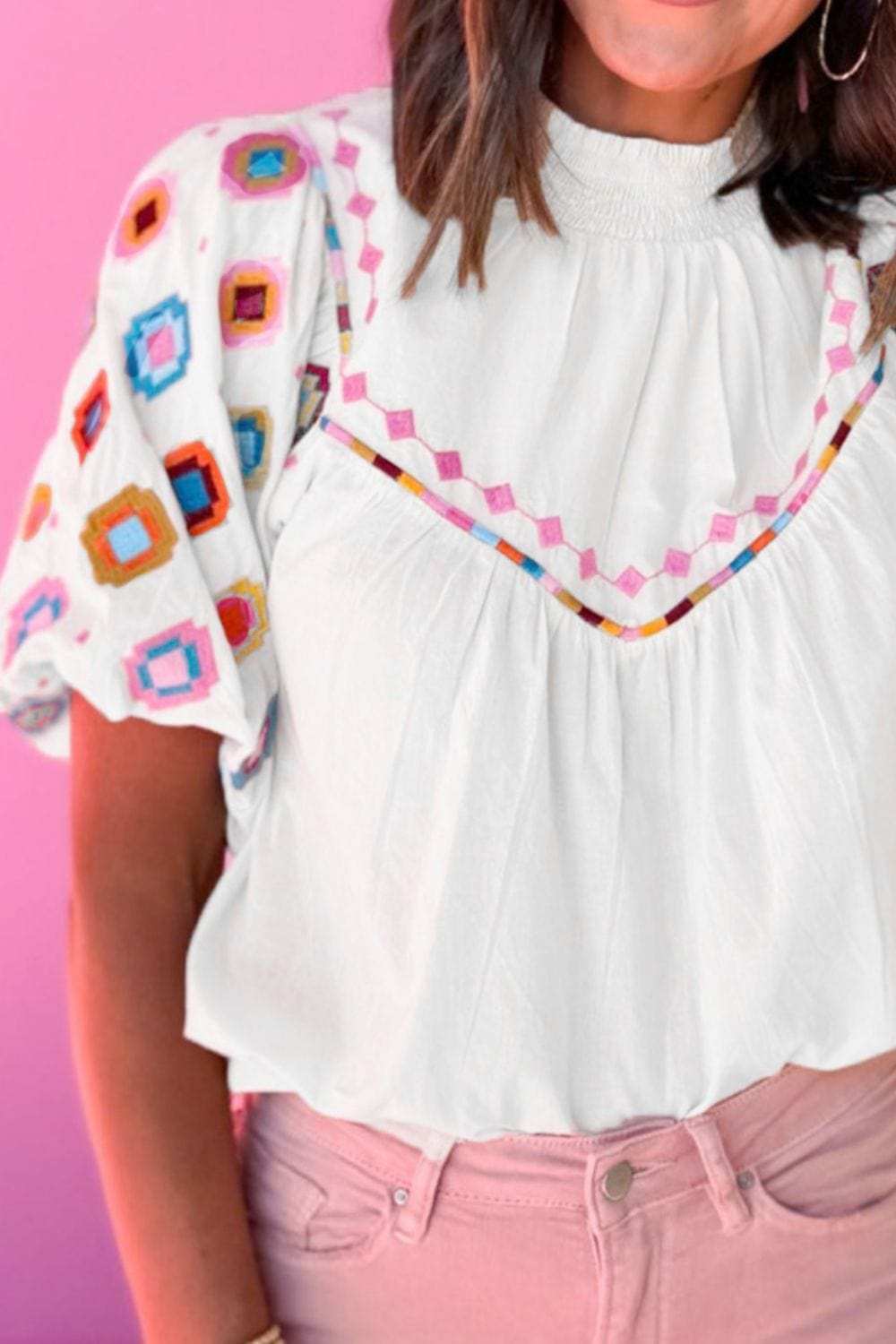 Smocked Neck Embroidered Puff Sleeve Top - Trendsi - Flyclothing LLC