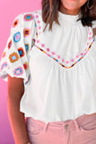Smocked Neck Embroidered Puff Sleeve Top - Trendsi