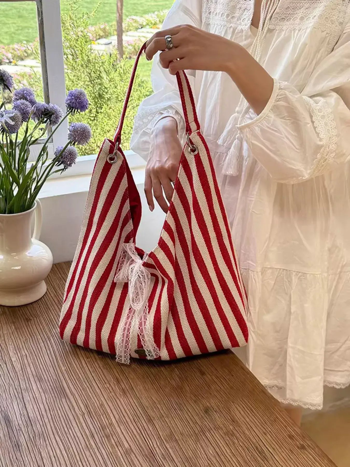 Striped Canvas Tote Bag - Trendsi - Flyclothing LLC