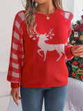 Reindeer Plaid Round Neck Long Sleeve Sweater - Trendsi - Flyclothing LLC