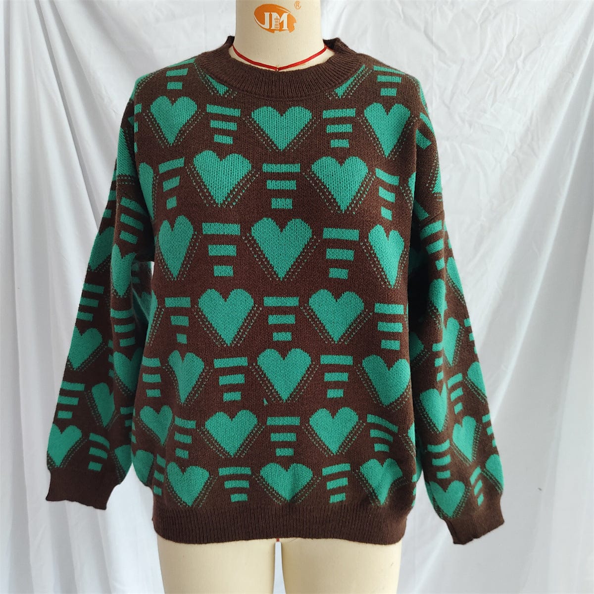 Heart Contrast Long Sleeve Dropped Shoulder Sweater - Trendsi