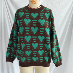 Heart Contrast Long Sleeve Dropped Shoulder Sweater - Trendsi
