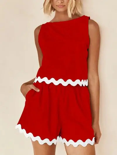 Contrast Trim Round Neck Tank and Shorts Set - Trendsi - Flyclothing LLC
