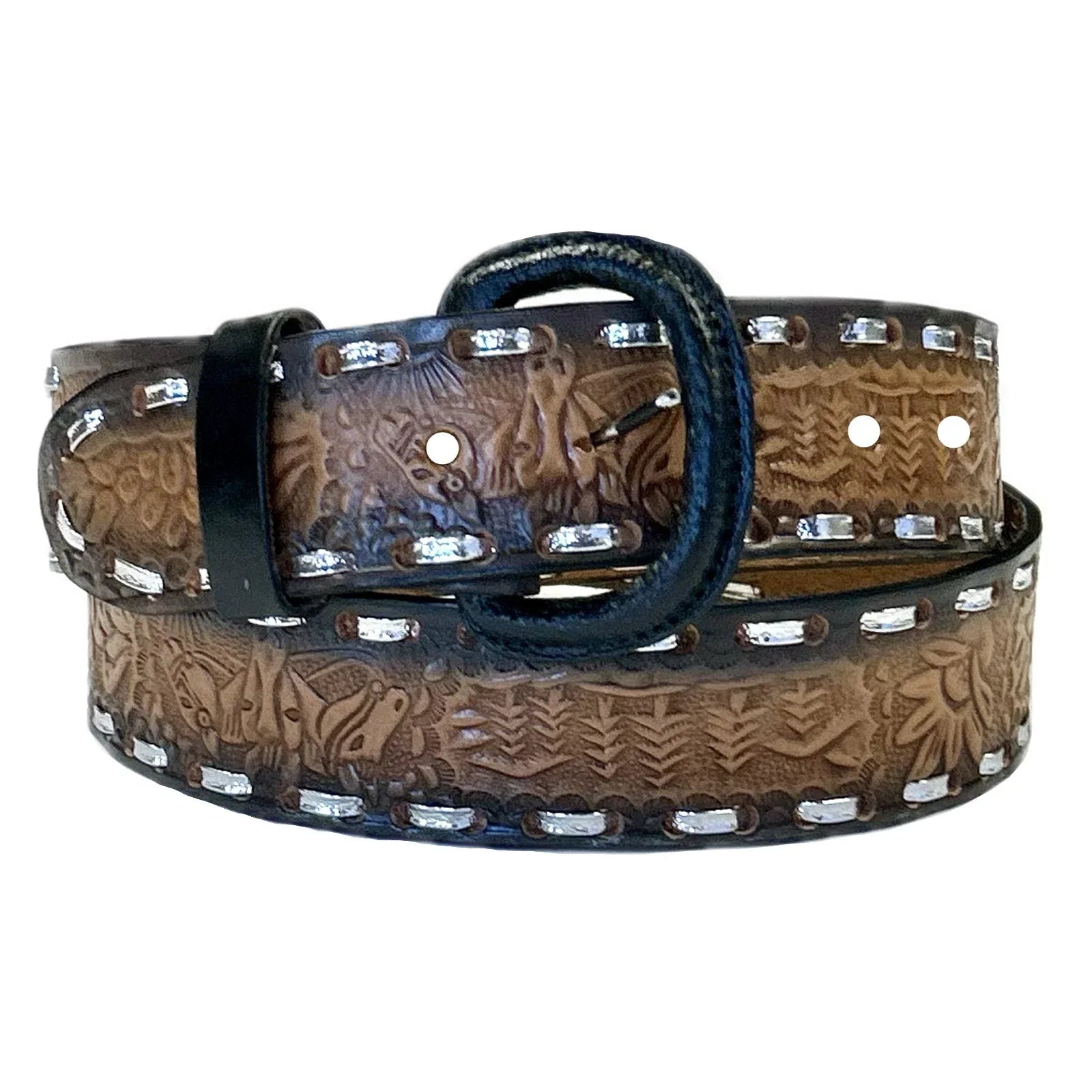 Brown/Tan 2-Tone Horse Tooled Leather Laced Western Belt - SPECIAL PRICE - Rockmount Ranch Wear - Flyclothing LLC