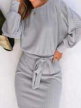 Round Neck Tie Waist Textured Dress - Trendsi - Flyclothing LLC