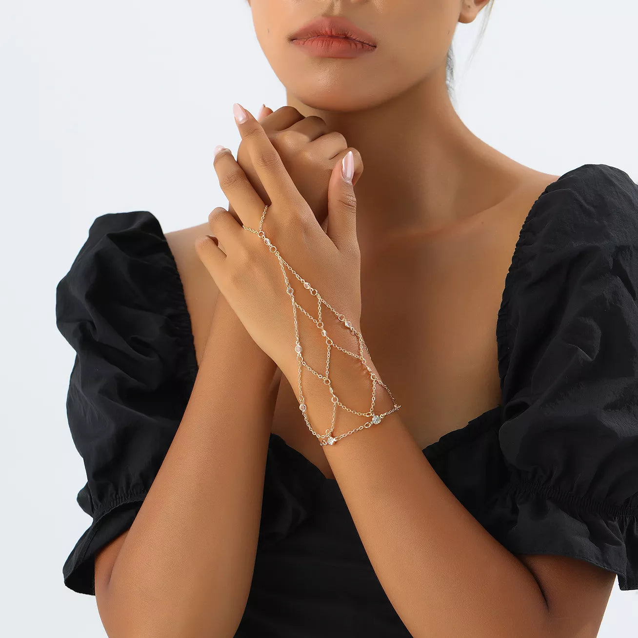Elegant Gold Chain Hand Bracelet with Rhinestone Accents - Trendsi - Flyclothing LLC