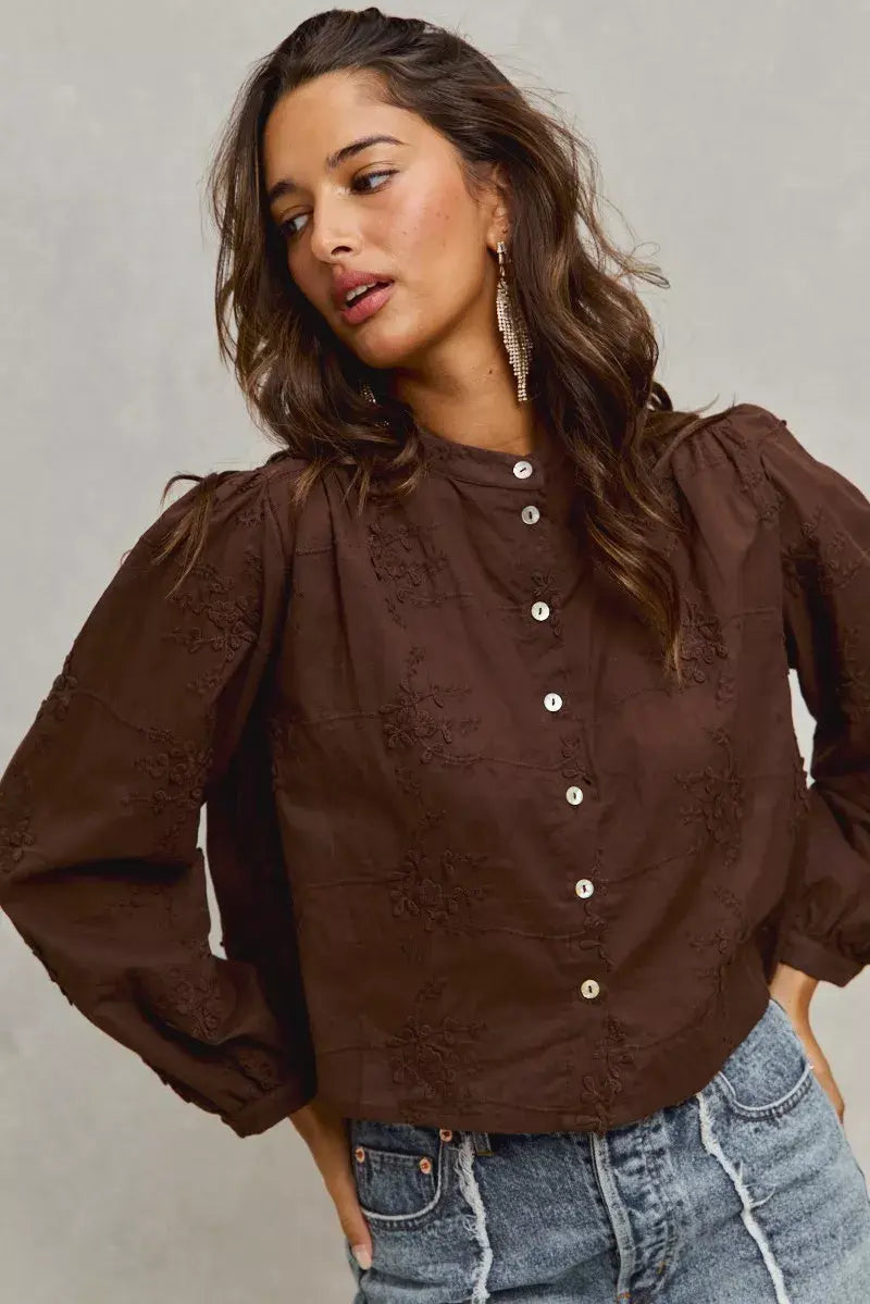 SO ME 3d Floral Woven Long Sleeve Front Button Shirt - Trendsi - Flyclothing LLC