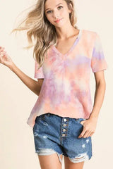 BiBi Tie Dye French Terry V Neck Top - Trendsi - Flyclothing LLC
