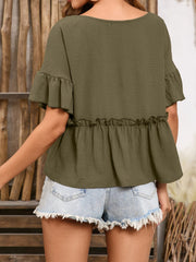 Frill Decorative Button Round Neck Half Sleeve Blouse - Trendsi
