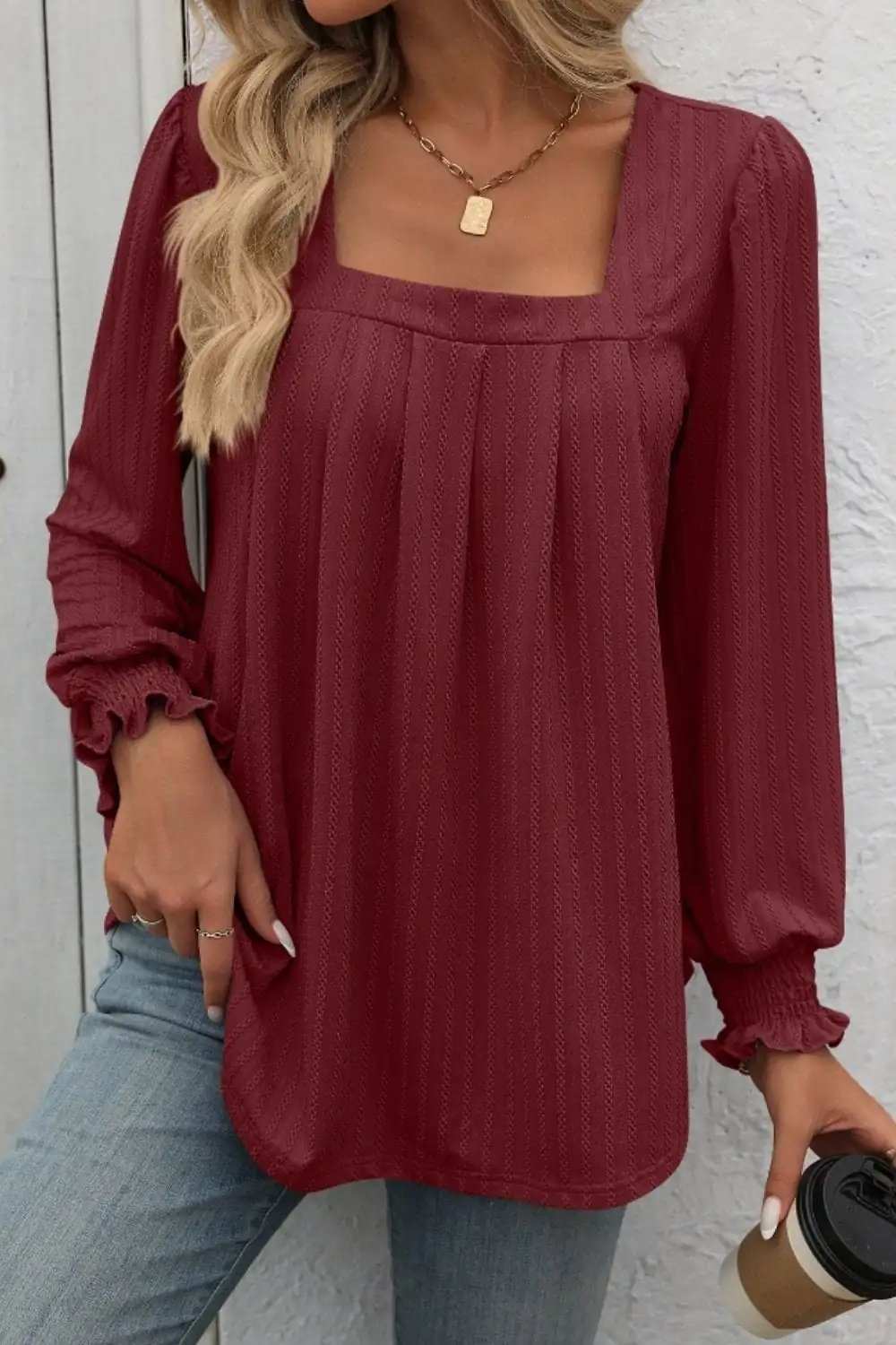 Square Neck Long Sleeve Top - Trendsi - Flyclothing LLC