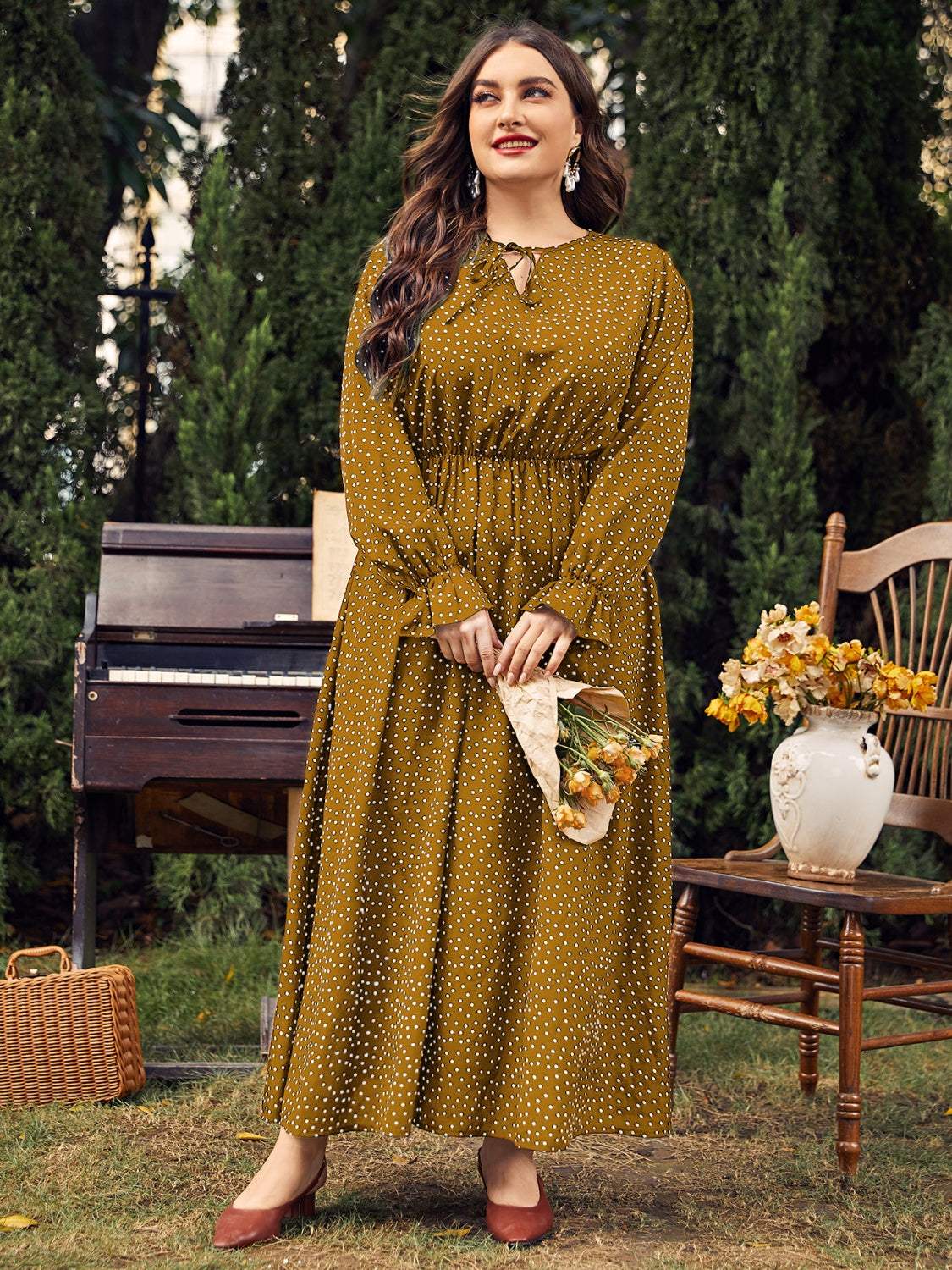 Plus Size Ruffled Polka Dot Long Sleeve Midi Dress - Trendsi - Flyclothing LLC