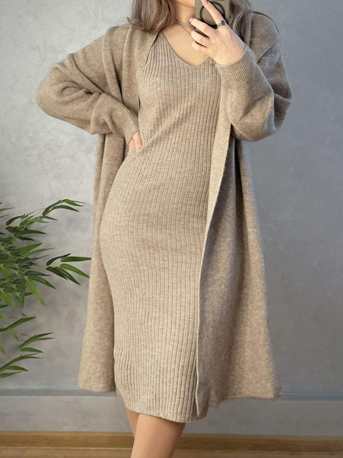 V-Neck Cami Dress and Open Front Cardigan Sweater Set - Trendsi - Flyclothing LLC