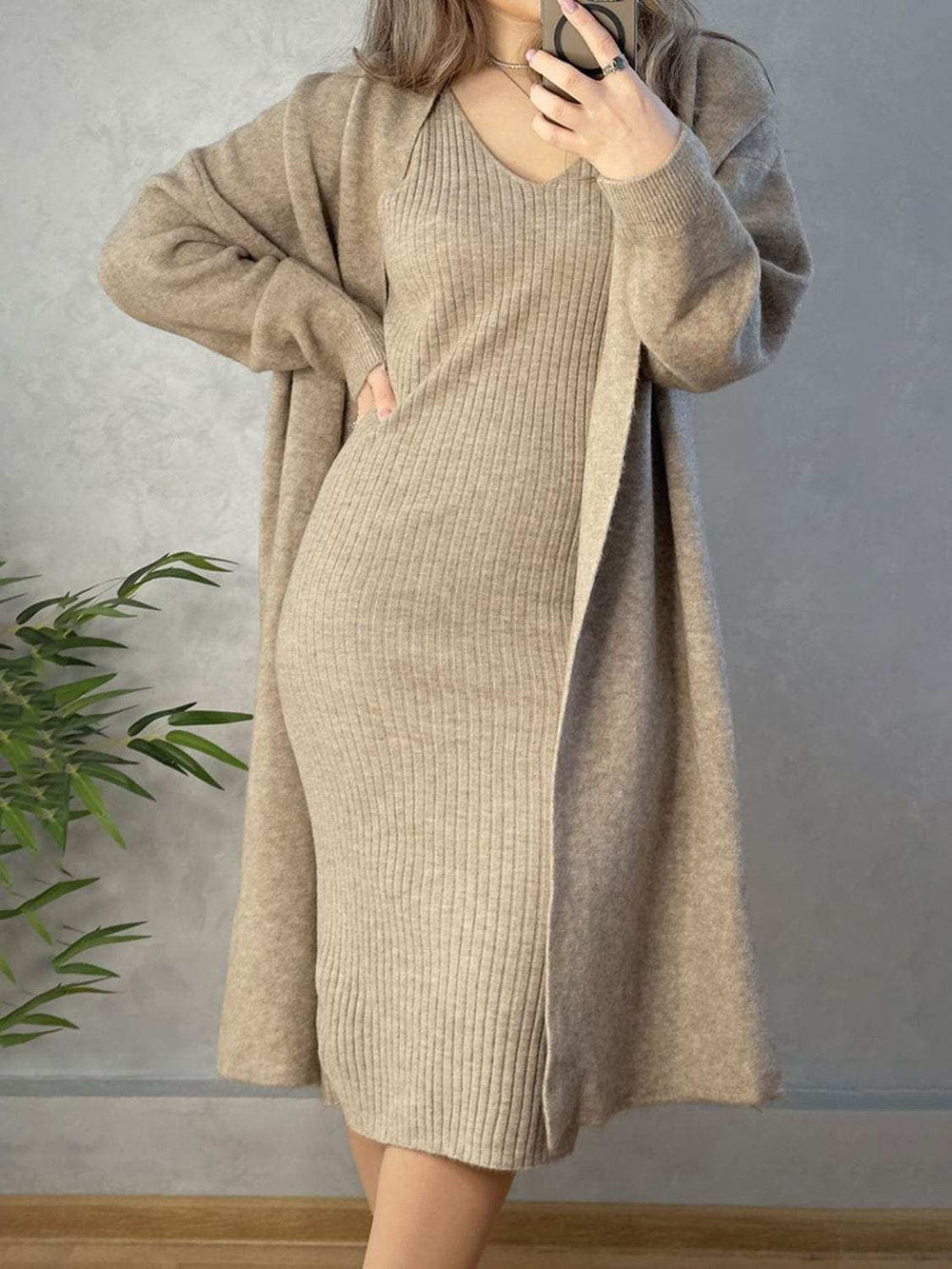 V-Neck Cami Dress and Open Front Cardigan Sweater Set - Trendsi - Flyclothing LLC