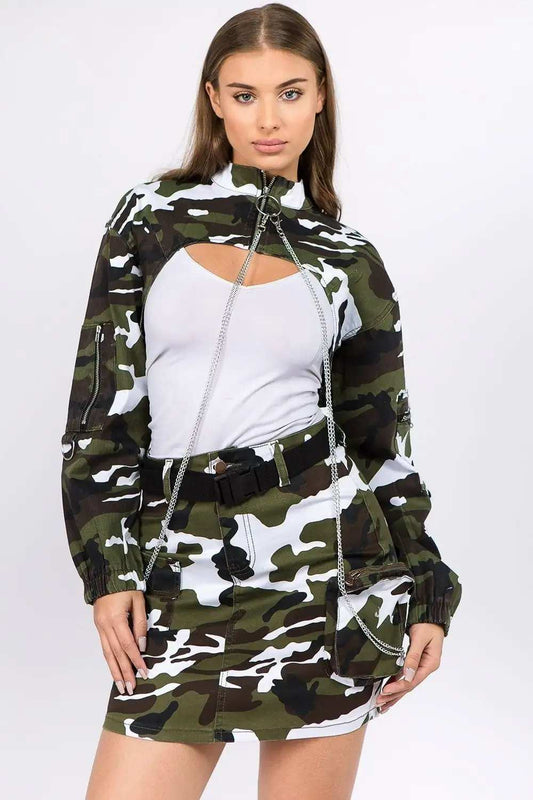American Bazi Camouflage Cropped Jacket with Chains - Trendsi - Flyclothing LLC