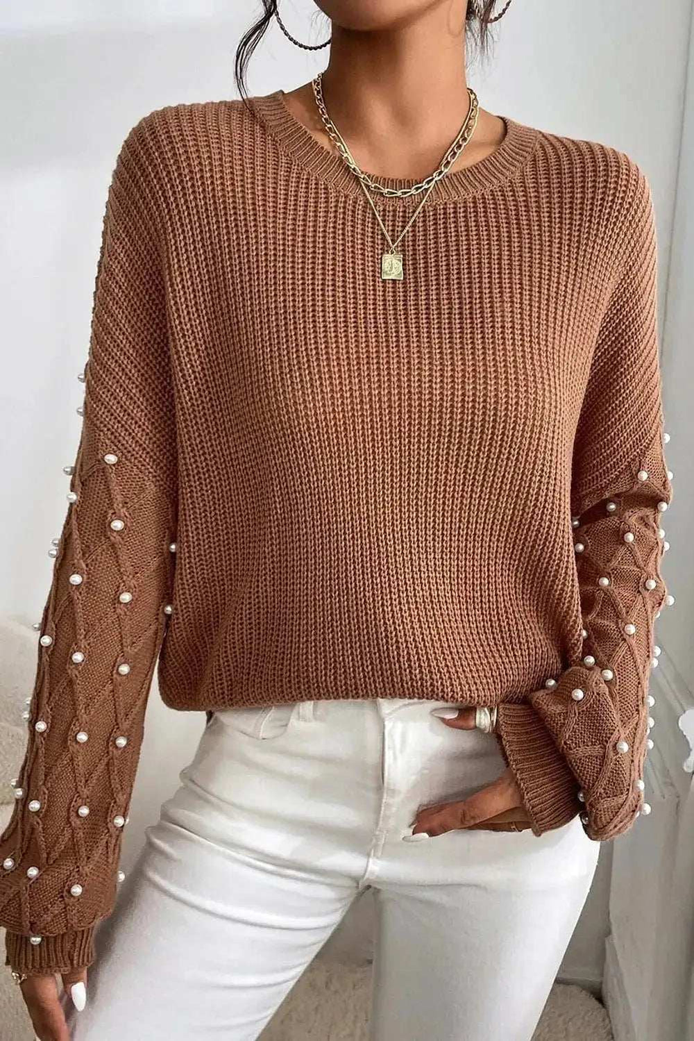 Pearl Detail Round Neck Long Sleeve Sweater - Trendsi - Flyclothing LLC