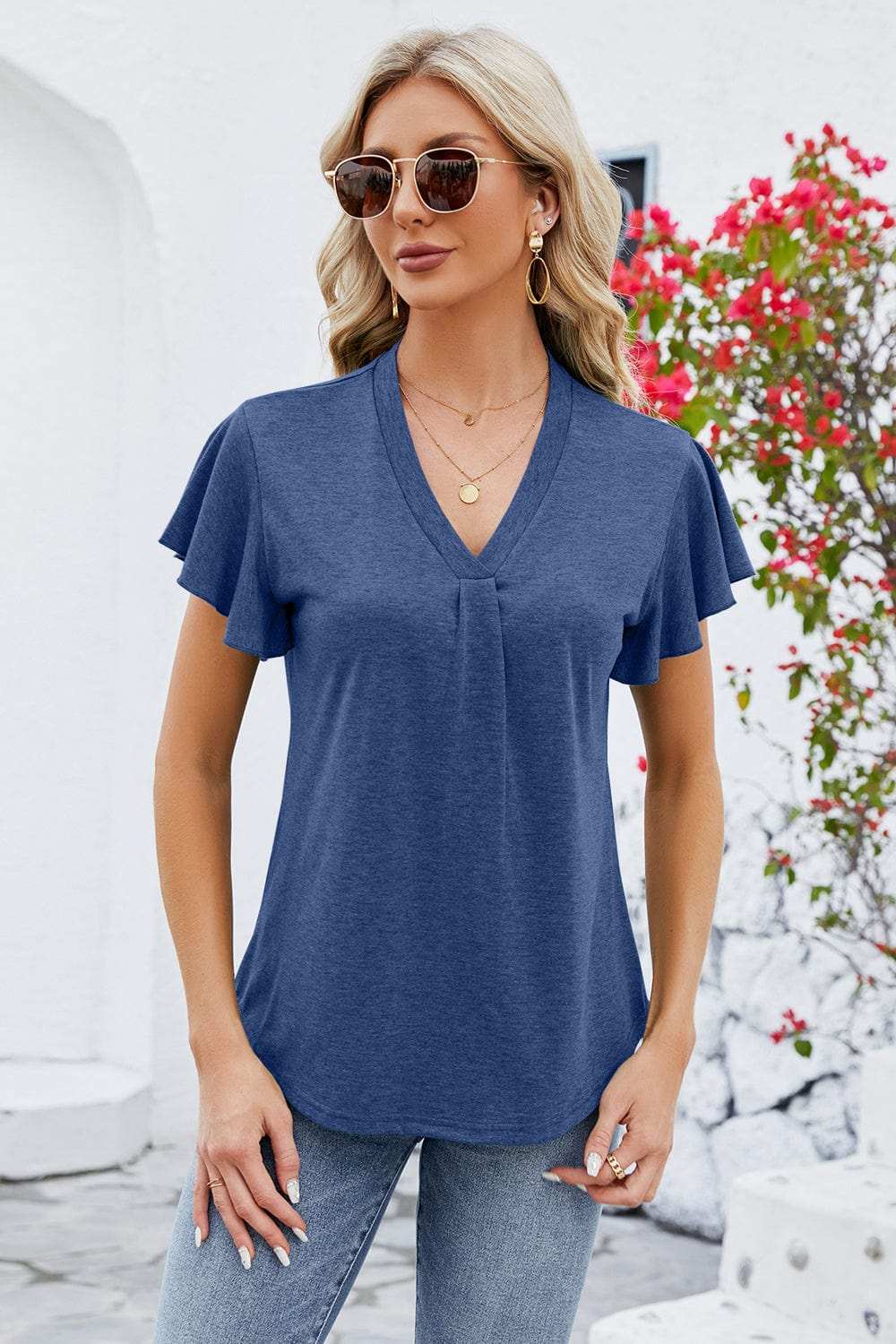 V-Neck Flutter Sleeve T-Shirt - Trendsi - Flyclothing LLC