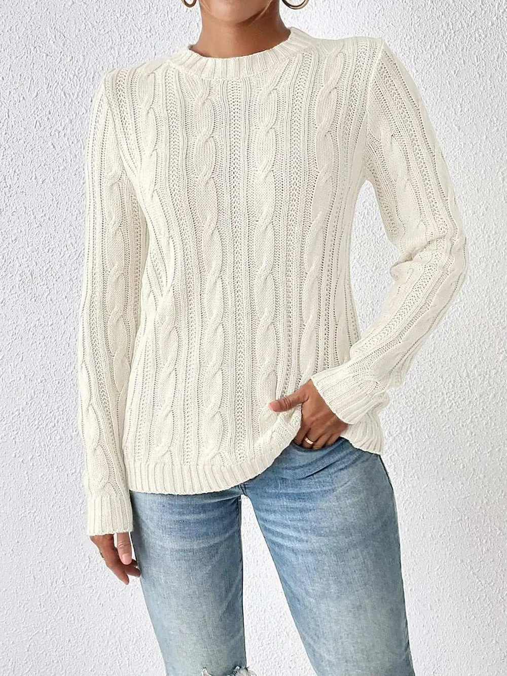 Cable-Knit Round Neck Sweater - Trendsi - Flyclothing LLC