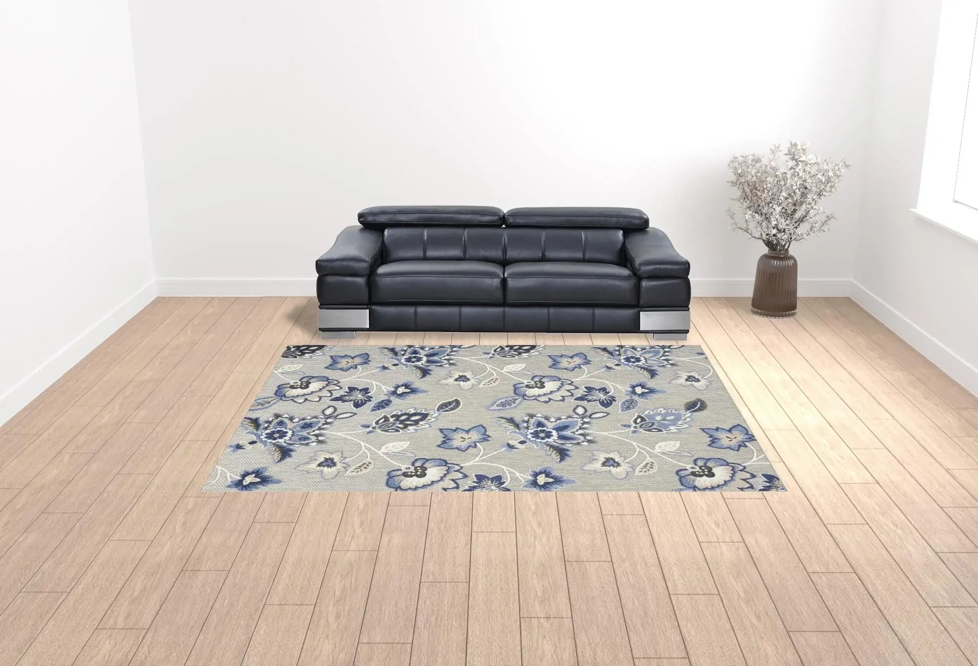 9' X 12' Blue And Grey Floral Stain Resistant Non Skid Area Rug - Homeroots - Flyclothing LLC