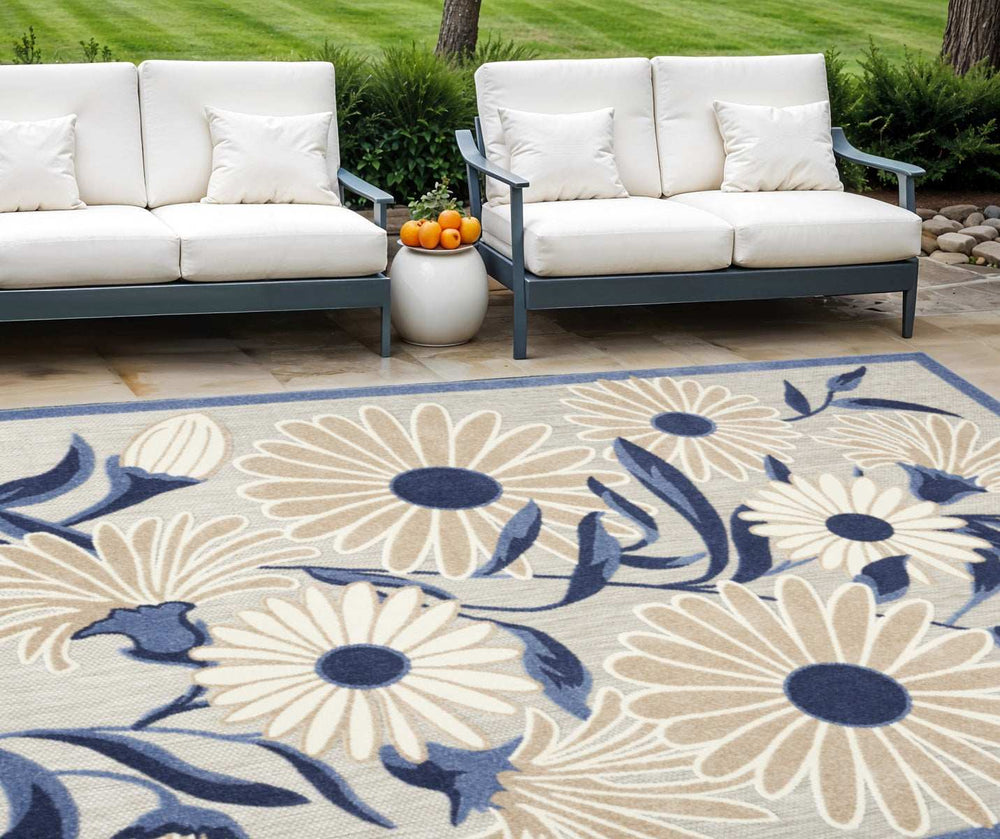 9' X 12' Blue And Grey Floral Stain Resistant Non Skid Area Rug - Homeroots - Flyclothing LLC