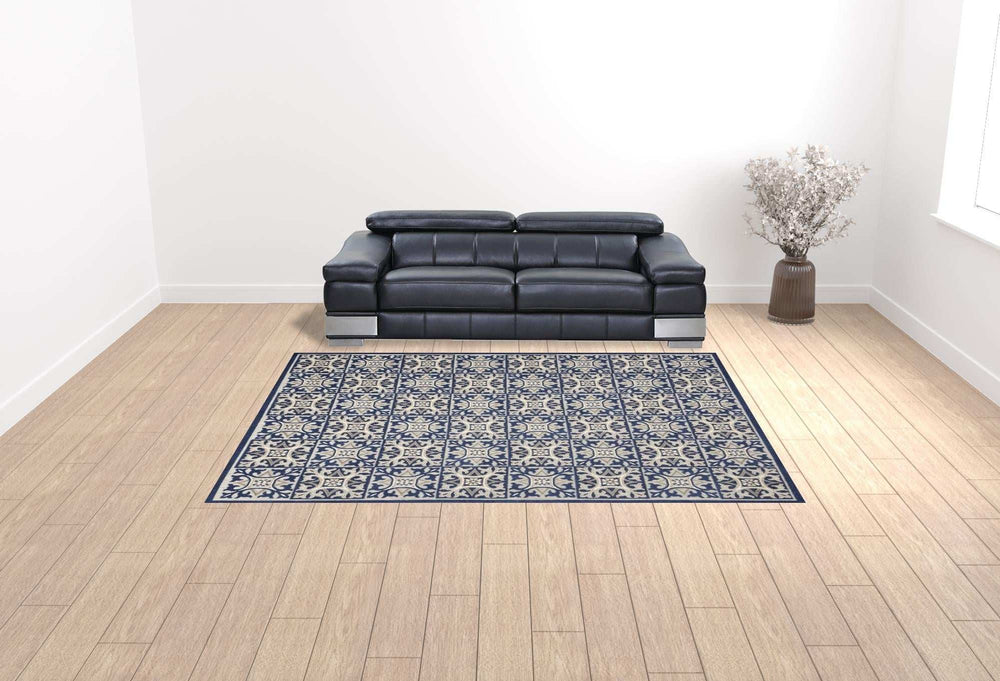 9' X 12' Blue Fleur De Lis Stain Resistant Non Skid Area Rug - Homeroots - Flyclothing LLC