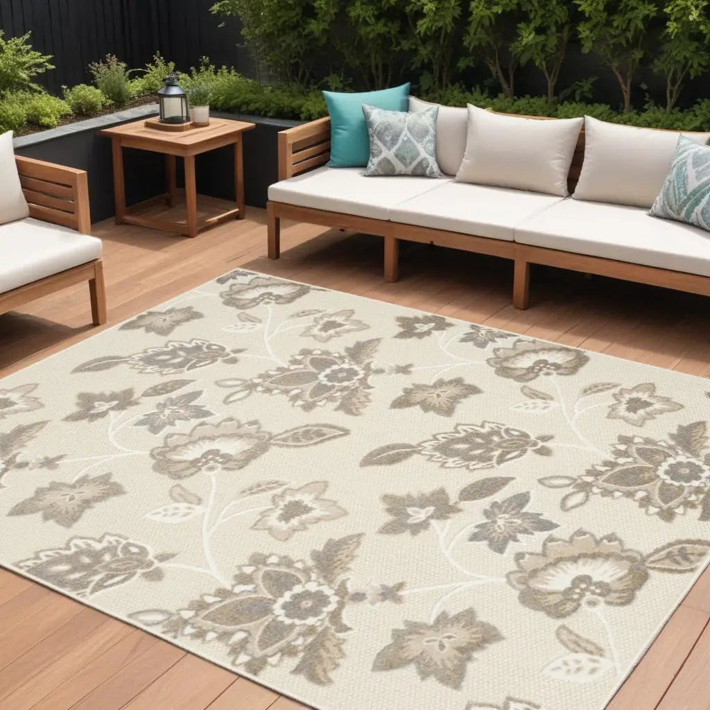 8' X 11' Beige Floral Stain Resistant Non Skid Area Rug - Homeroots - Flyclothing LLC