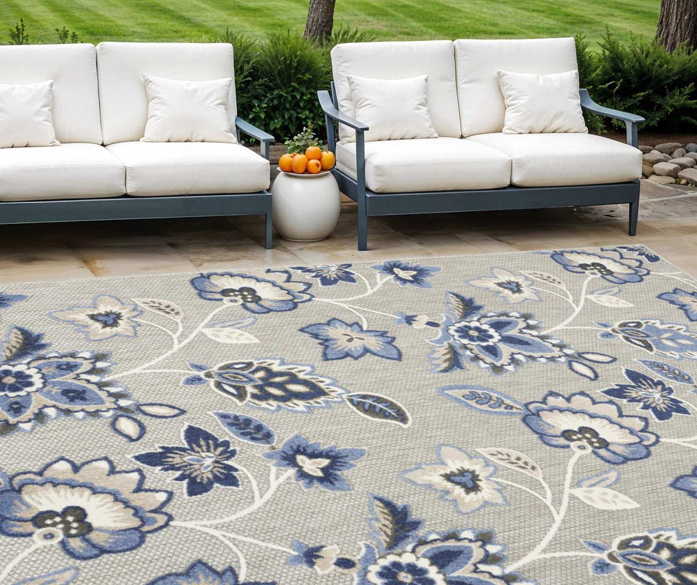 8' X 11' Blue And Grey Floral Stain Resistant Non Skid Area Rug - Homeroots - Flyclothing LLC