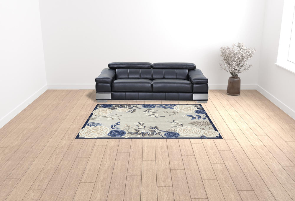 7' X 10' Blue And Grey Floral Stain Resistant Non Skid Area Rug - Homeroots