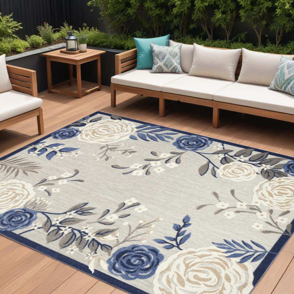 8' X 11' Blue And Grey Floral Stain Resistant Non Skid Area Rug - Homeroots - Flyclothing LLC