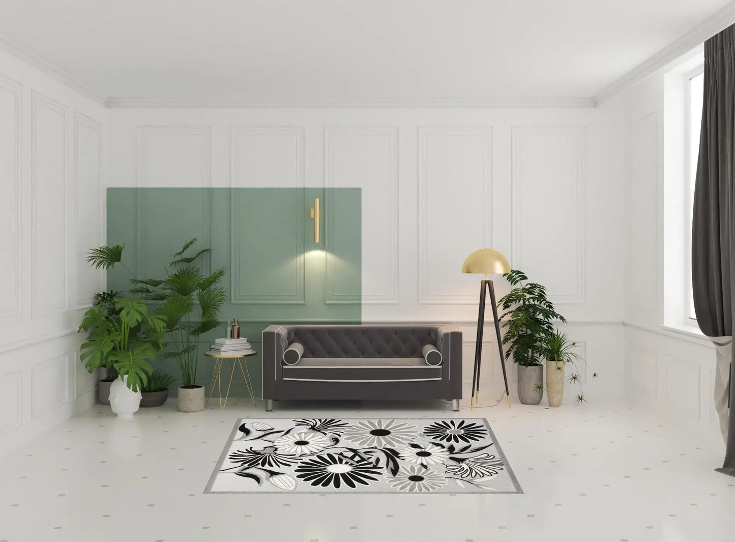 5' X 8' Black And White Floral Stain Resistant Non Skid Area Rug - Homeroots - Flyclothing LLC