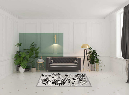5' X 8' Black And White Floral Stain Resistant Non Skid Area Rug - Homeroots - Flyclothing LLC