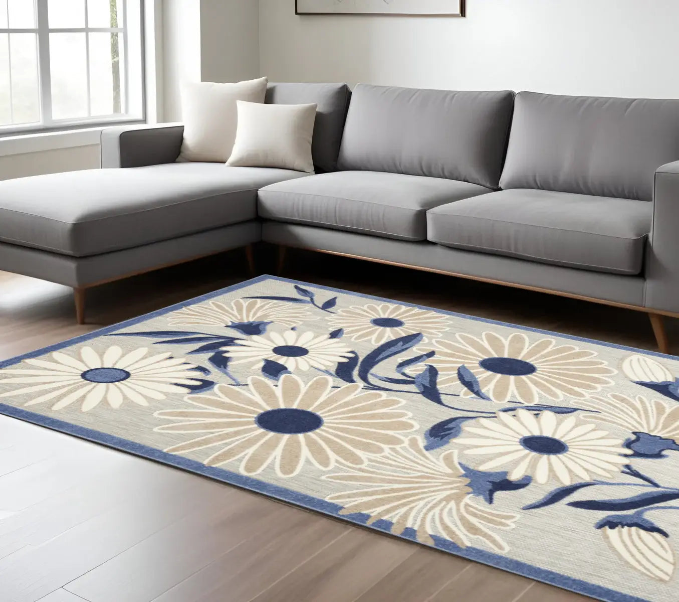 7' X 10' Blue And Grey Floral Stain Resistant Non Skid Area Rug - Homeroots - Flyclothing LLC