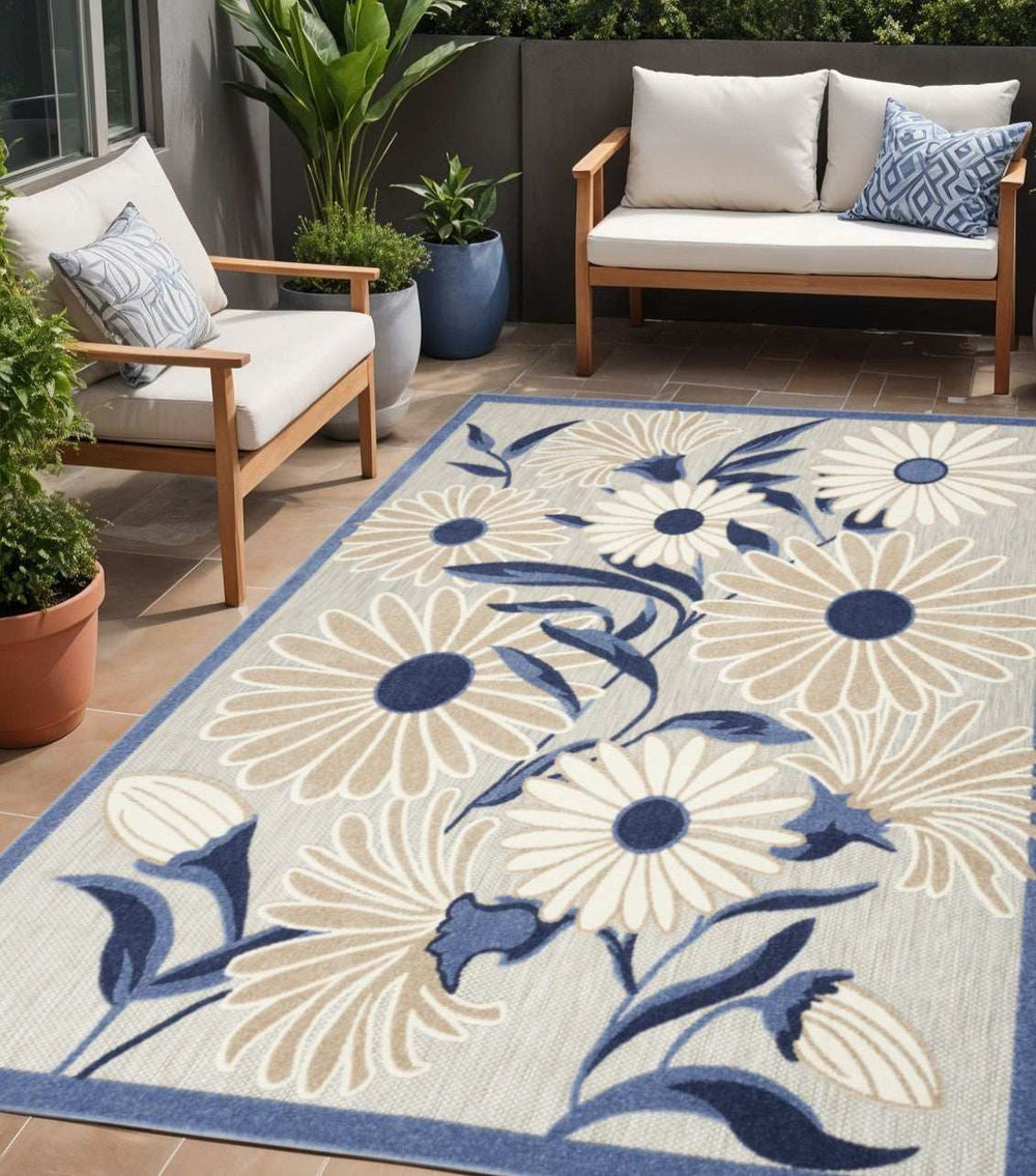 5' X 8' Blue And Grey Floral Stain Resistant Non Skid Area Rug - Homeroots - Flyclothing LLC