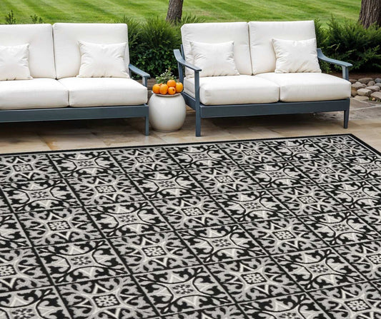 8' X 11' Black And White Fleur De Lis Stain Resistant Non Skid Area Rug - Homeroots - Flyclothing LLC